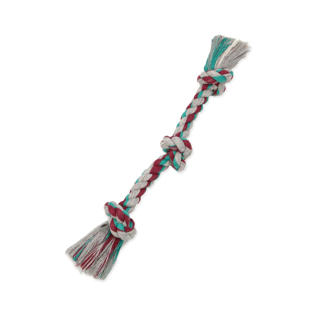 Mammoth three-knot rope dog toy braided in teal, red, and gray with tassel ends.