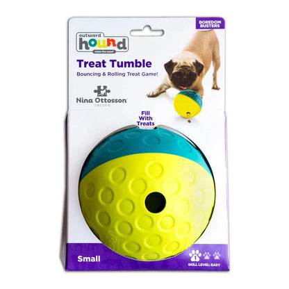 Small Outward Hound Treat Tumble treat-dispensing ball in its packaging, with teal and yellow halves and a treat opening.