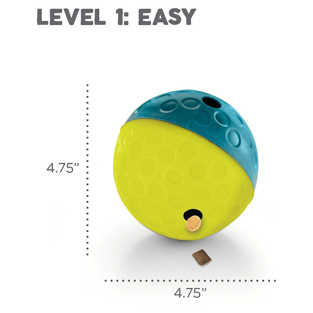 Small teal and yellow Treat Tumble size guide showing a 4.75-inch ball and Level 1 easy puzzle difficulty.