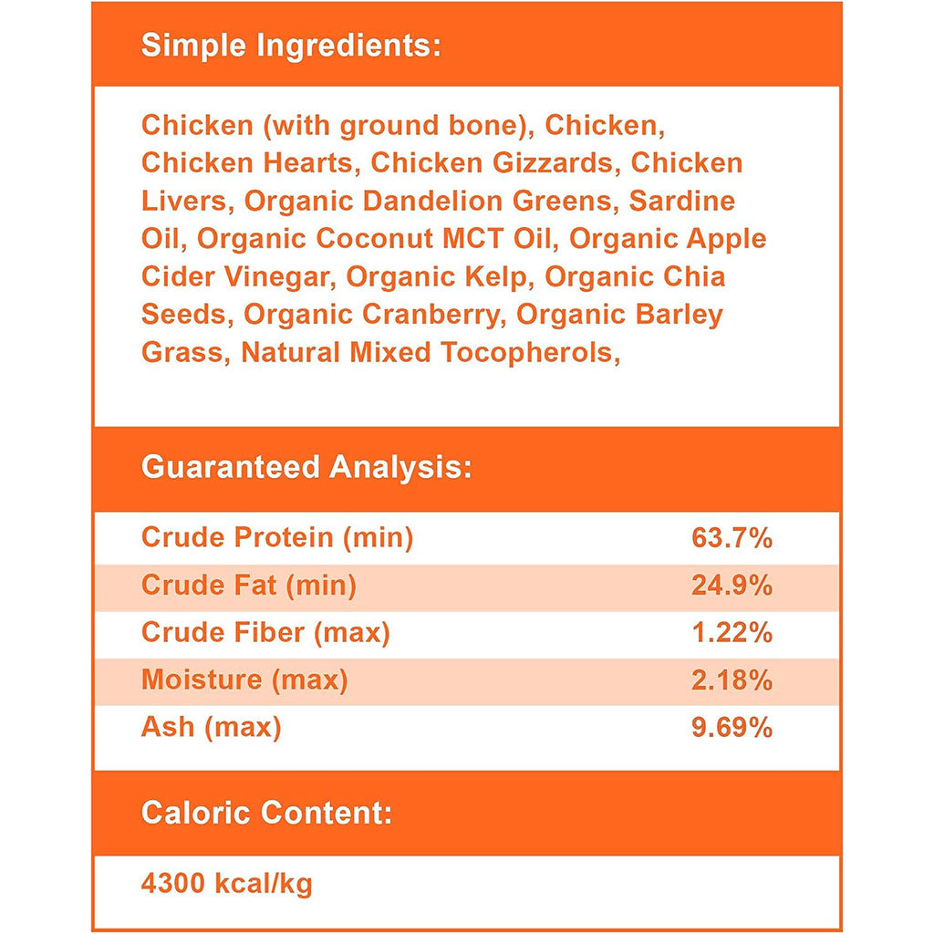 Chicken Freeze-Dried Mealbites for Cats 10 oz ingredients and guaranteed analysis.