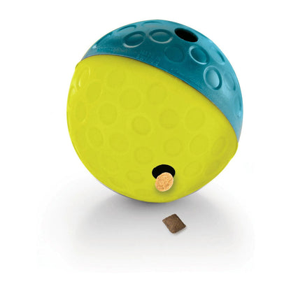 Small teal and yellow Outward Hound Treat Tumble ball with textured circles and treats emerging from its dispensing holes.