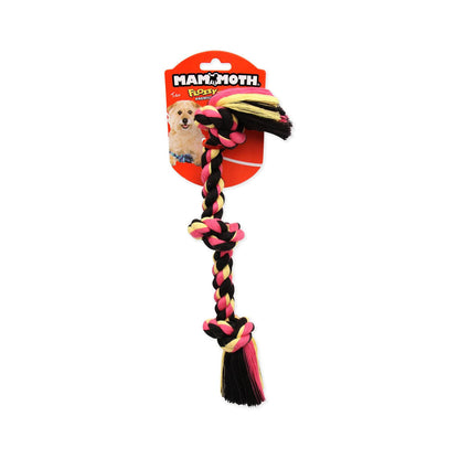 Mammoth Flossy Chews three-knot rope dog toy in black, pink, and yellow with its retail tag.