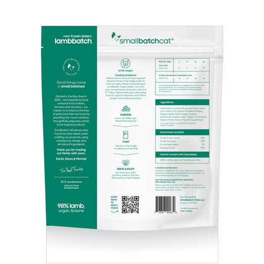 Lamb Batch Frozen Raw for Cats 3lb back of bag. 