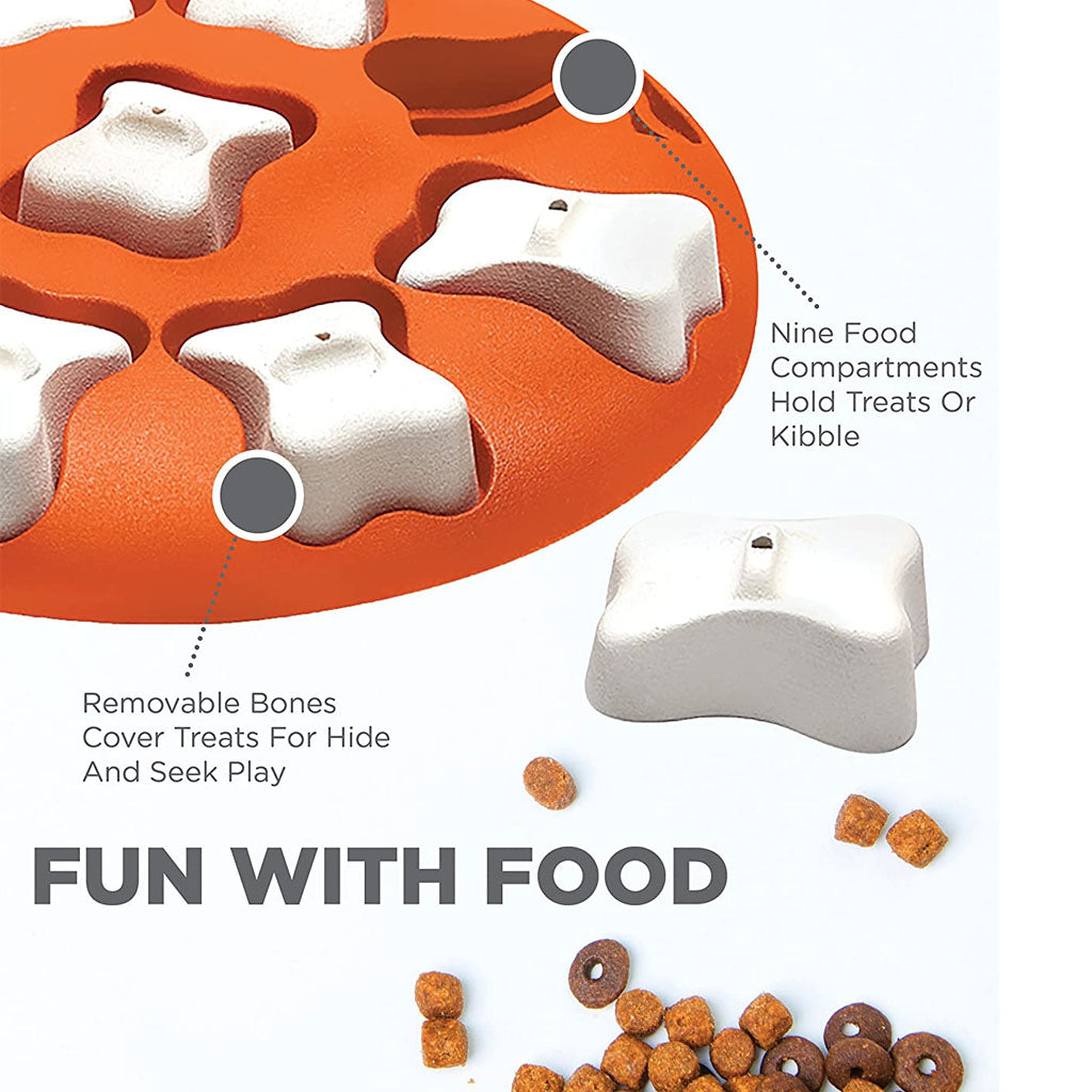 Dog Smart feature graphic showing nine food compartments and removable white bone covers for hiding treats or kibble.