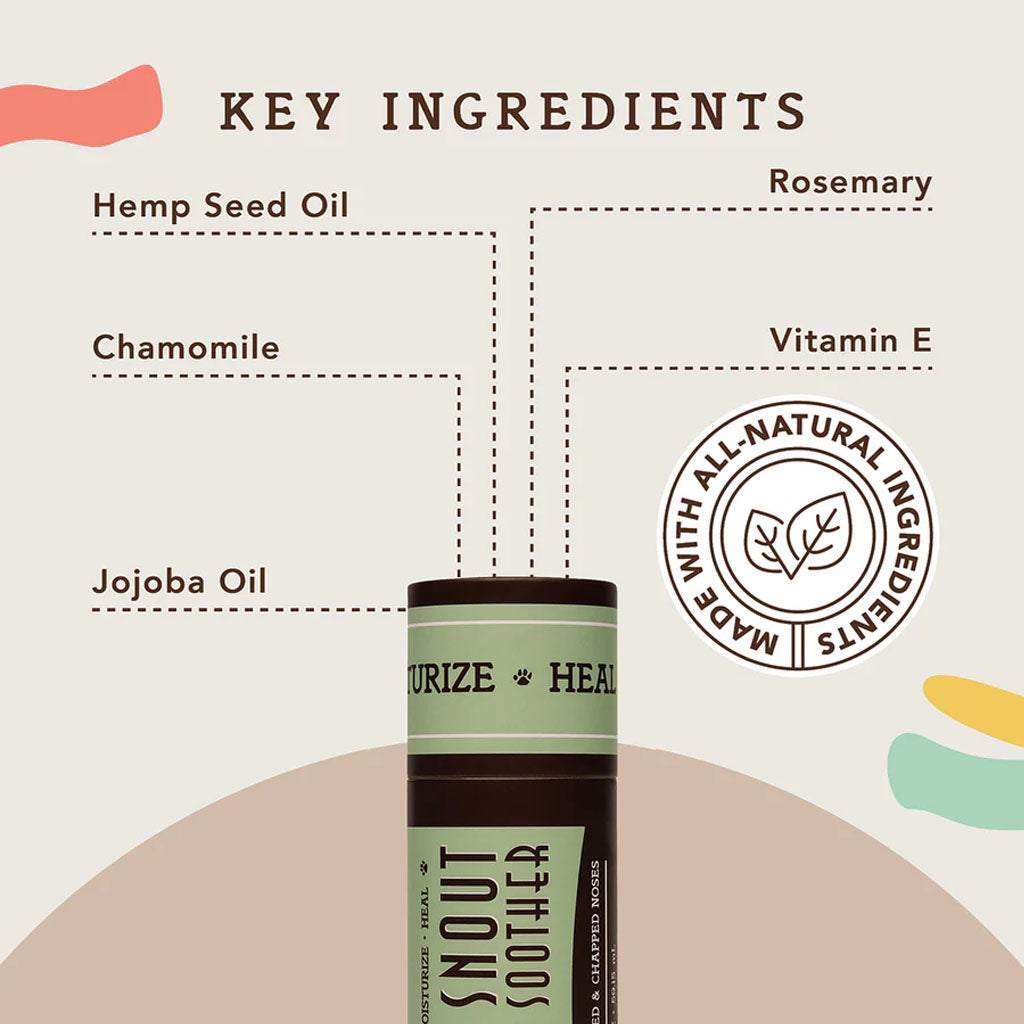 Snout Soother ingredient graphic highlighting hemp seed oil, chamomile, jojoba oil, rosemary, and vitamin E beside the balm stick.