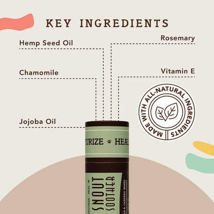 Snout Soother ingredient graphic highlighting hemp seed oil, chamomile, jojoba oil, rosemary, and vitamin E beside the balm stick.