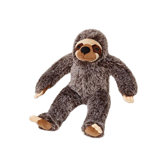 Fluff & Tuff Sonny Sloth plush dog toy with shaggy brown-gray fur, a cream and tan face, and pale claws on a white background.