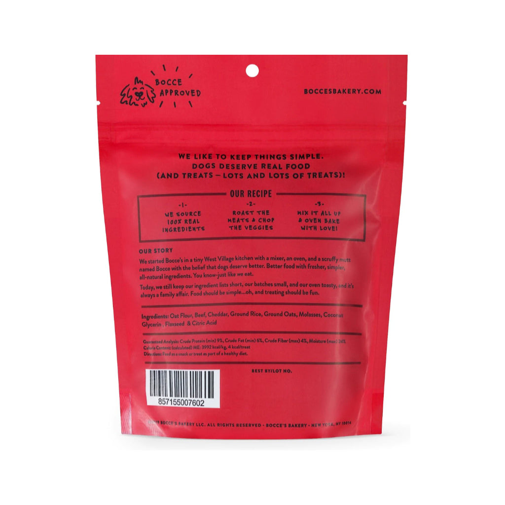 Back of a Bocce’s Bakery Say Moo Beef & Cheddar training bite pouch, showing ingredients, guaranteed analysis, and a barcode.