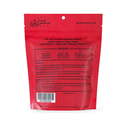 Back of a Bocce’s Bakery Say Moo Beef & Cheddar training bite pouch, showing ingredients, guaranteed analysis, and a barcode.