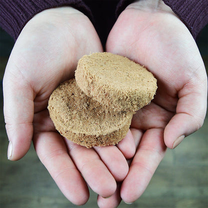 Duck Duck Goose Freeze-dried Raw Dinner Patties in hand for size comparison. 