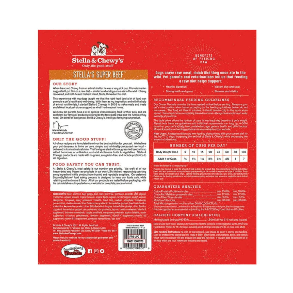 Back of Stella & Chewy’s Stella’s Super Beef frozen raw Dinner Morsels 4 lb bag, showing ingredients, feeding guidelines, guaranteed analysis and barcode.