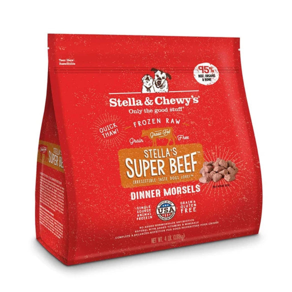 Stella & Chewy’s Stella’s Super Beef frozen raw Dinner Morsels dog food, front of the red 4 lb bag on white.