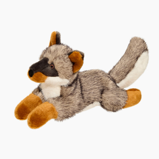Fluff & Tuff Sterling Fox plush dog toy with gray fur, orange paws and ears, and a white chest, shown lying on a white background.