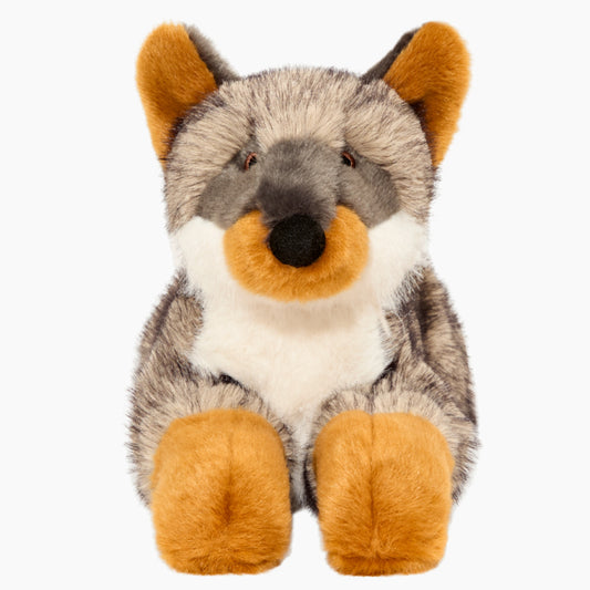 Front view of Fluff & Tuff Sterling Fox plush dog toy with gray fur, orange ears and paws, and a white chest.