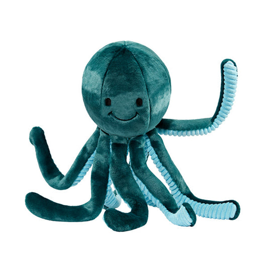 Fluff & Tuff Stevie Octopus plush dog toy with a teal head, embroidered smile and curled tentacles with pale blue textured undersides.