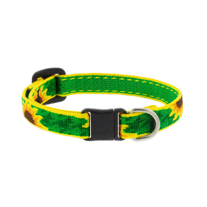 Lupine Pet Sunflowers breakaway cat collar with yellow sunflowers on green nylon, a black safety buckle, and metal identification ring.