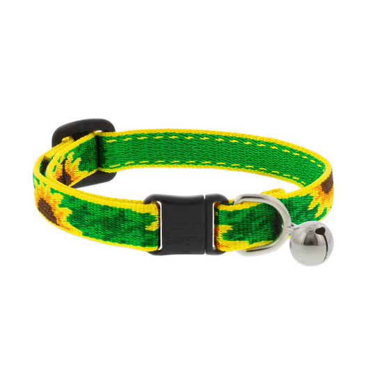 Lupine Pet Sunflowers breakaway cat collar with yellow sunflowers on green nylon and a silver bell.