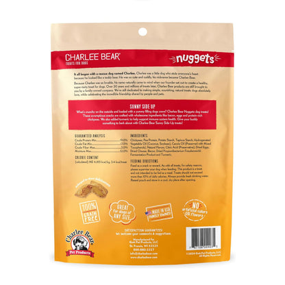 Back of Charlee Bear Nuggets Sunny Side Up 6 oz bag with ingredients, guaranteed analysis, calories and feeding directions.