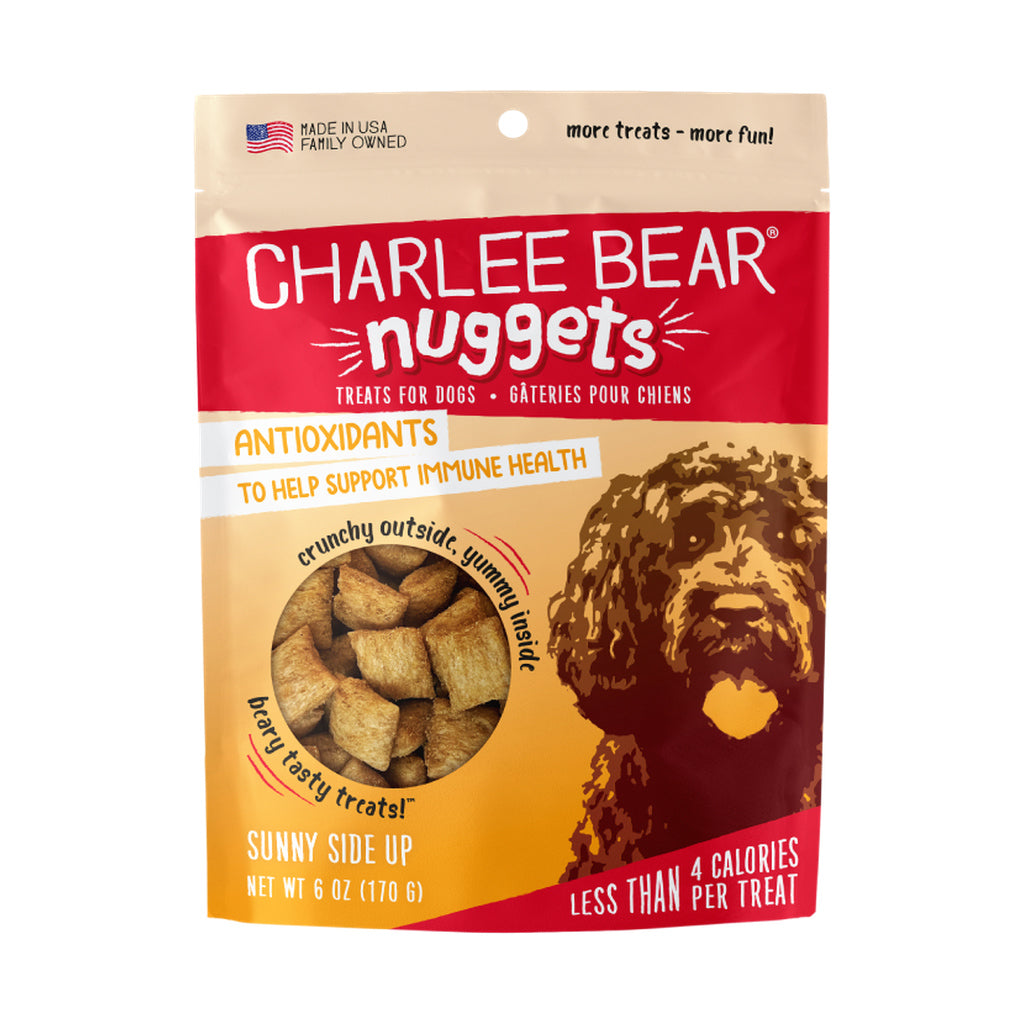 Charlee Bear Nuggets Sunny Side Up dog treats, 6 oz bag, front packaging.