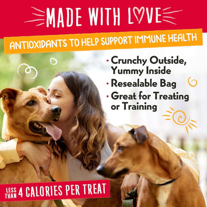 Charlee Bear Sunny Side Up Nuggets treating and training information with a woman and two dogs.