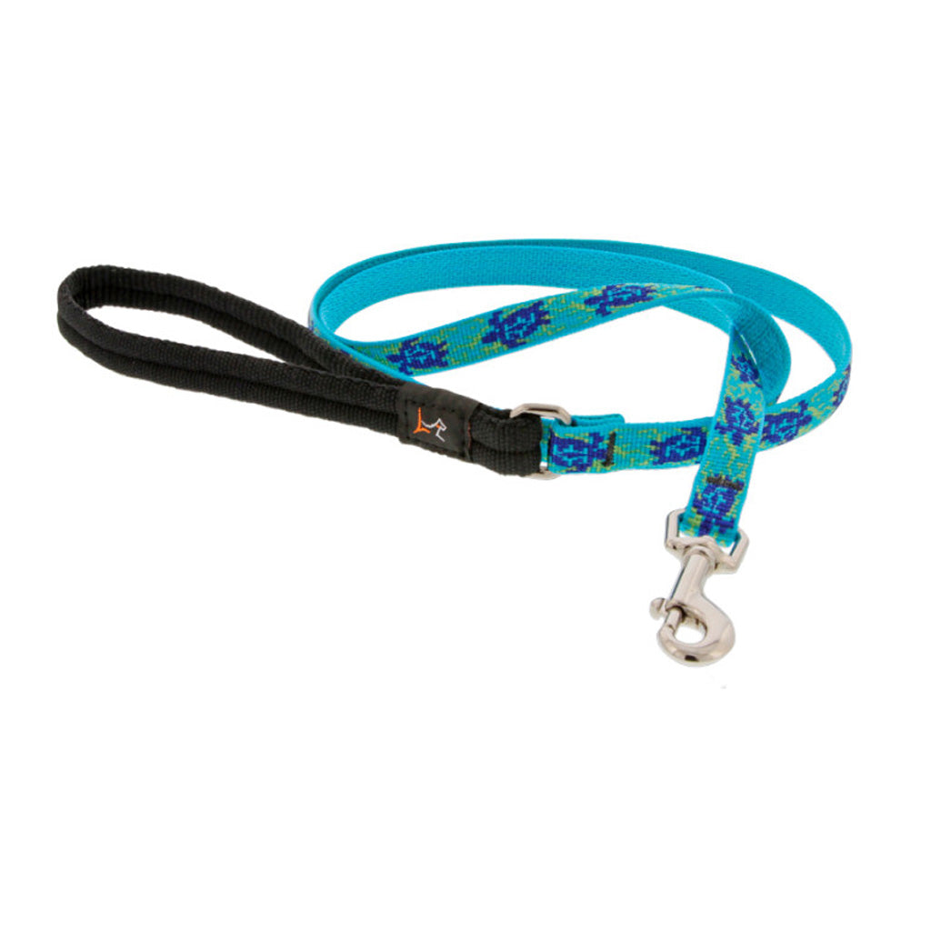 Lupine Pet Turtle Reef leash with a blue and green turtle pattern, black padded handle, and silver swivel snap.