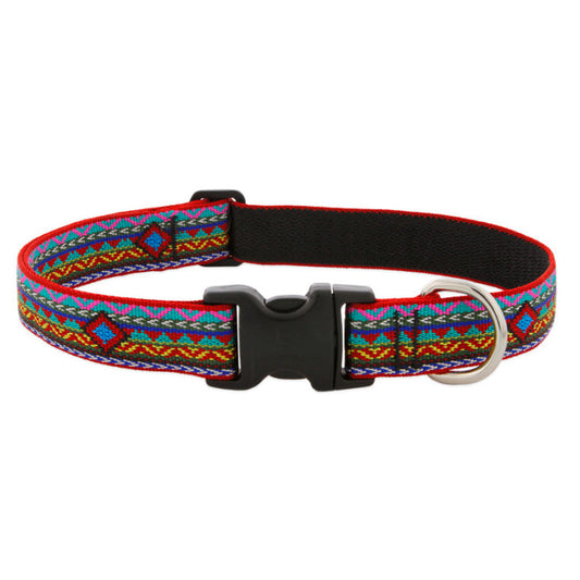Lupine Pet El Paso dog collar with a colorful geometric pattern, black side-release buckle, and metal D-ring.