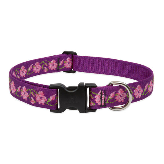 Lupine Pet Rose Garden dog collar with pink flowers on purple nylon, a black buckle, and a metal D-ring.