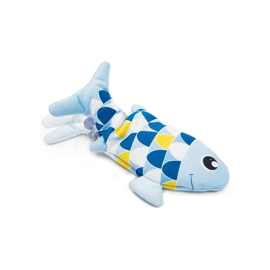 Light blue Catit Groovy Fish plush cat toy with blue, white, and yellow scales and illustrated tail movement.