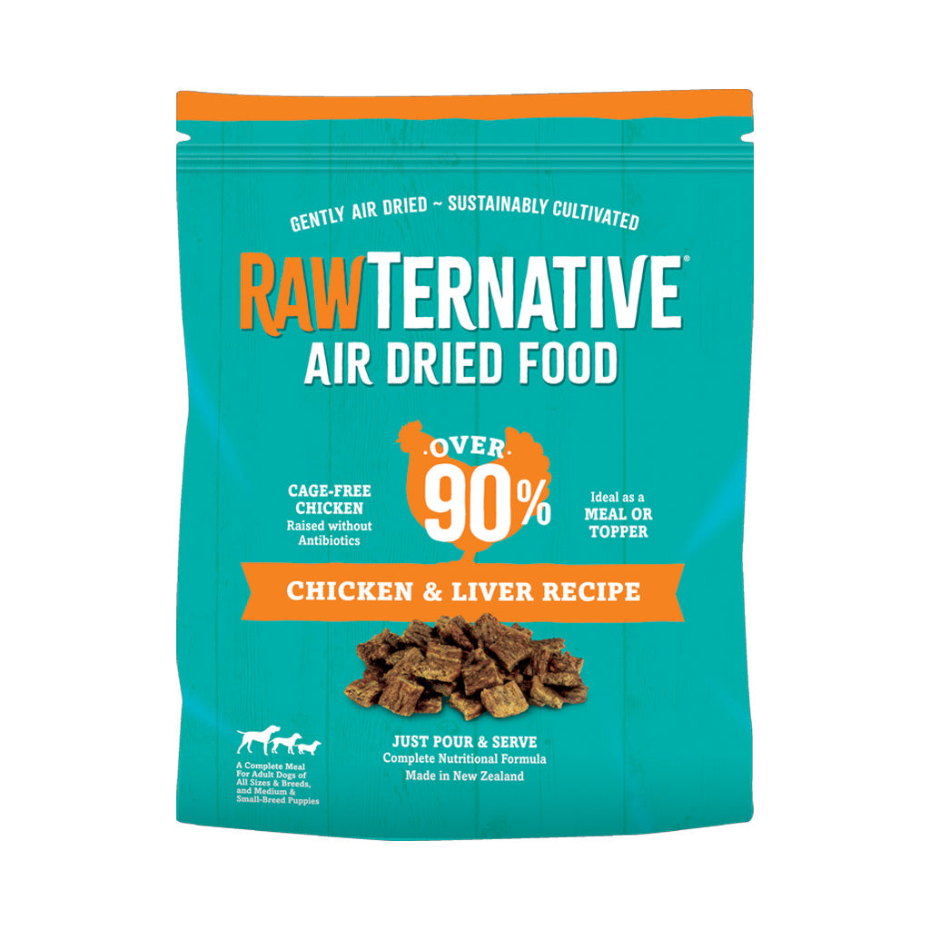 Teal RawTernative Air Dried Food Chicken & Liver Recipe bag with an orange chicken graphic and an over 90% meat label.