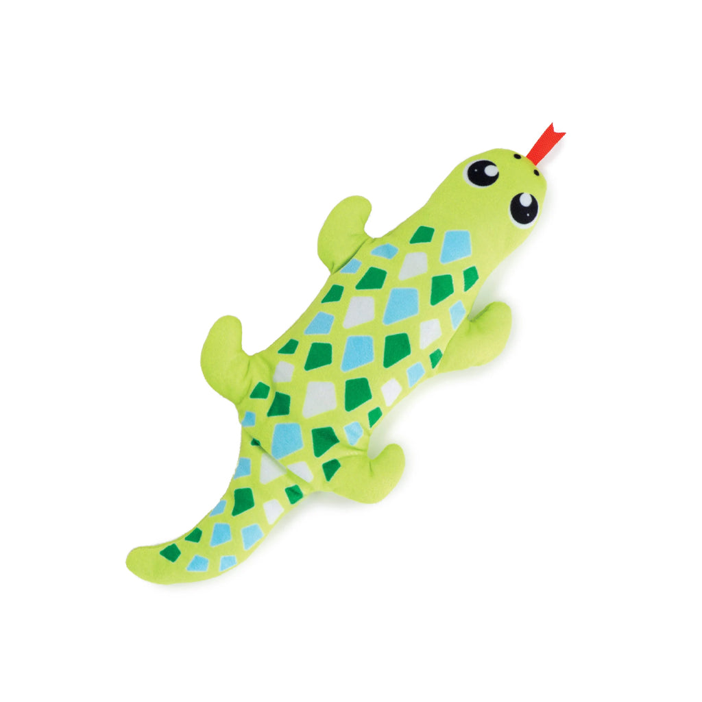 Bright green Catit Groovy Gecko plush cat toy with blue and green diamond markings, large eyes, and a red tongue.