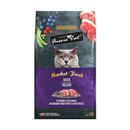 3.5 lb bag of Fussie Cat Market Fresh Duck Recipe dry cat food with a purple label and gray cat illustration