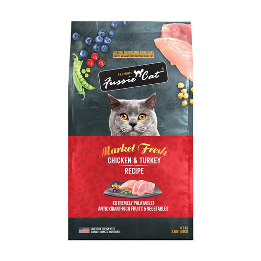 3.5 lb bag of Fussie Cat Market Fresh Chicken and Turkey Recipe dry cat food with a red label and gray cat illustration