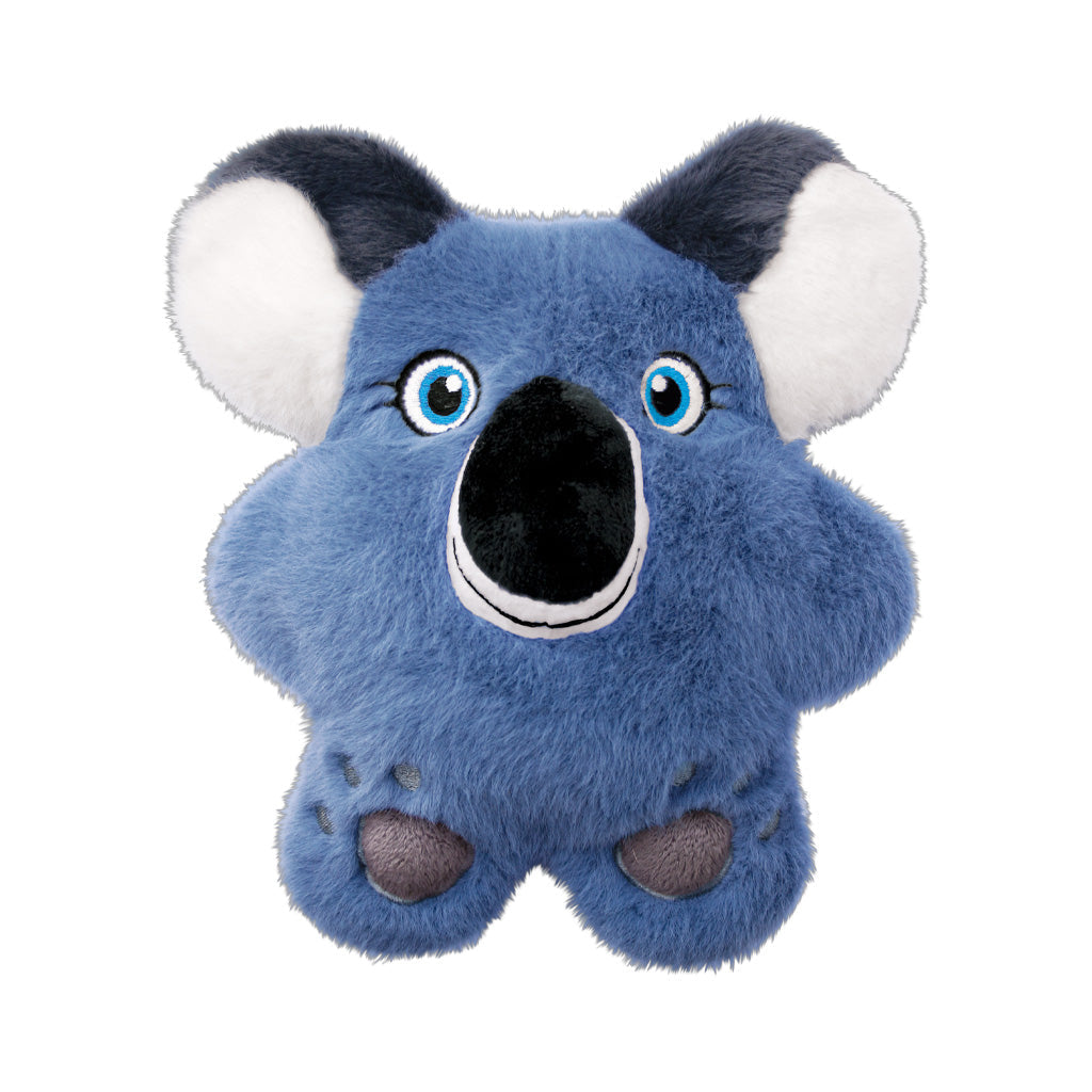 Blue-purple KONG Snuzzles Koala plush dog toy with white inner ears and a large black nose.