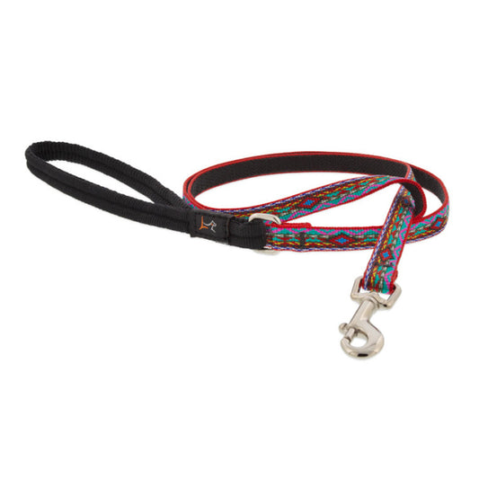 Lupine Pet El Paso leash with a multicolor geometric pattern, black padded handle, and silver swivel snap.