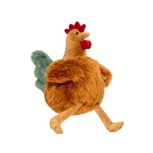 Photo of a brown, green and red chicken plush toy on a white background.