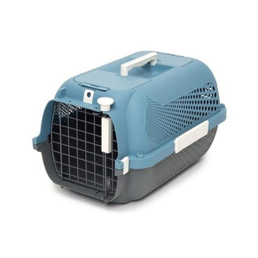 Small Catit hard-sided cat carrier with a blue top, dark gray base, wire front door, ventilation holes, and white carrying handle.