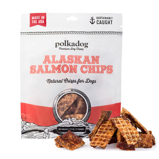 2.75oz bag of Polkadog Alaskan Salmon Chips. Close up of Salmon Chips