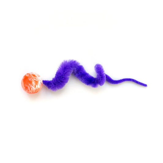 Dezi & Roo Wiggly Ball cat toy with an orange marbled ball and a curled purple fuzzy tail.