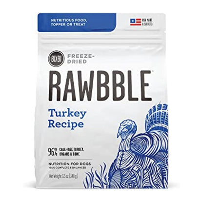 Front of a 12 oz bag of BIXBI RAWBBLE Turkey Recipe freeze-dried dog food, with blue-purple lettering and a turkey illustration.
