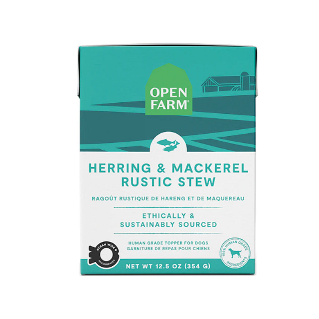 One 12.5oz box of Open Farm Herring & Mackerel Rustic Stew. Ethically and sustainably sourced.
