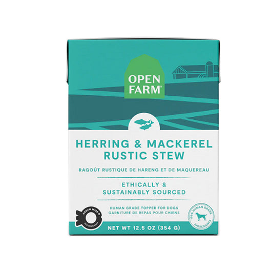 One 12.5oz box of Open Farm Herring & Mackerel Rustic Stew. Ethically and sustainably sourced.
