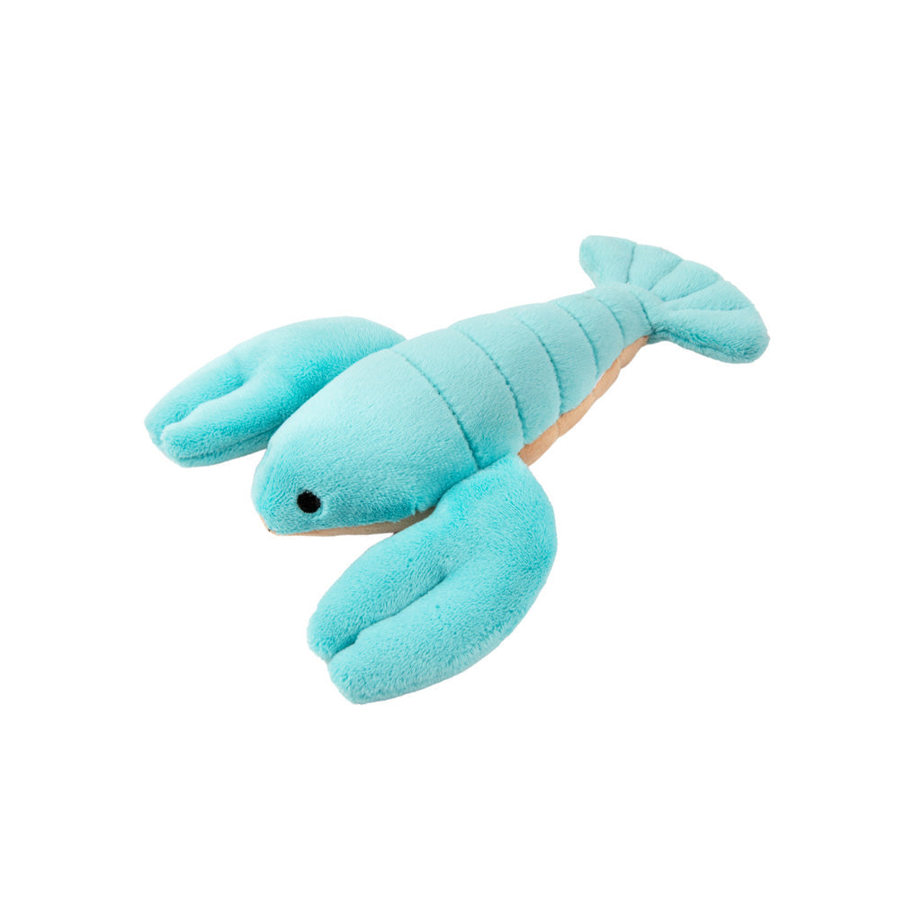 Fluff & Tuff Rachel Mini Lobster plush dog toy with a turquoise body, two large claws and a cream underside on a white background.