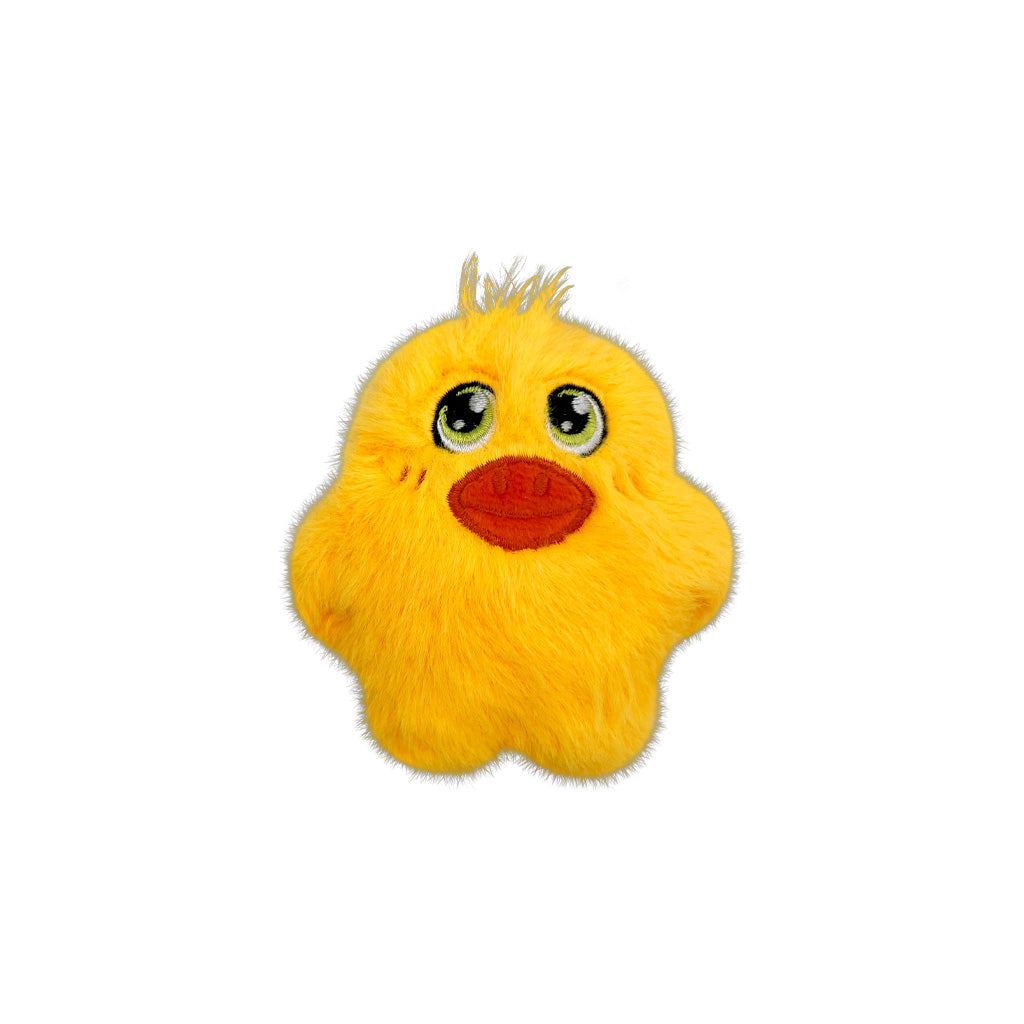 Yellow KONG Snuzzles Mini Duck plush dog toy with a red-orange beak and embroidered eyes.