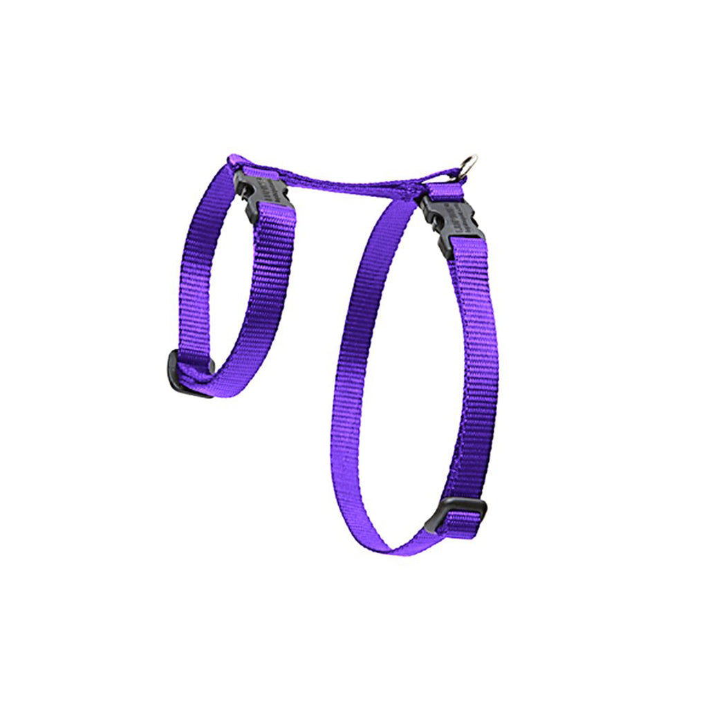 Purple Lupine Pet H-style cat harness with adjustable nylon straps, black buckles, and a metal leash attachment ring.