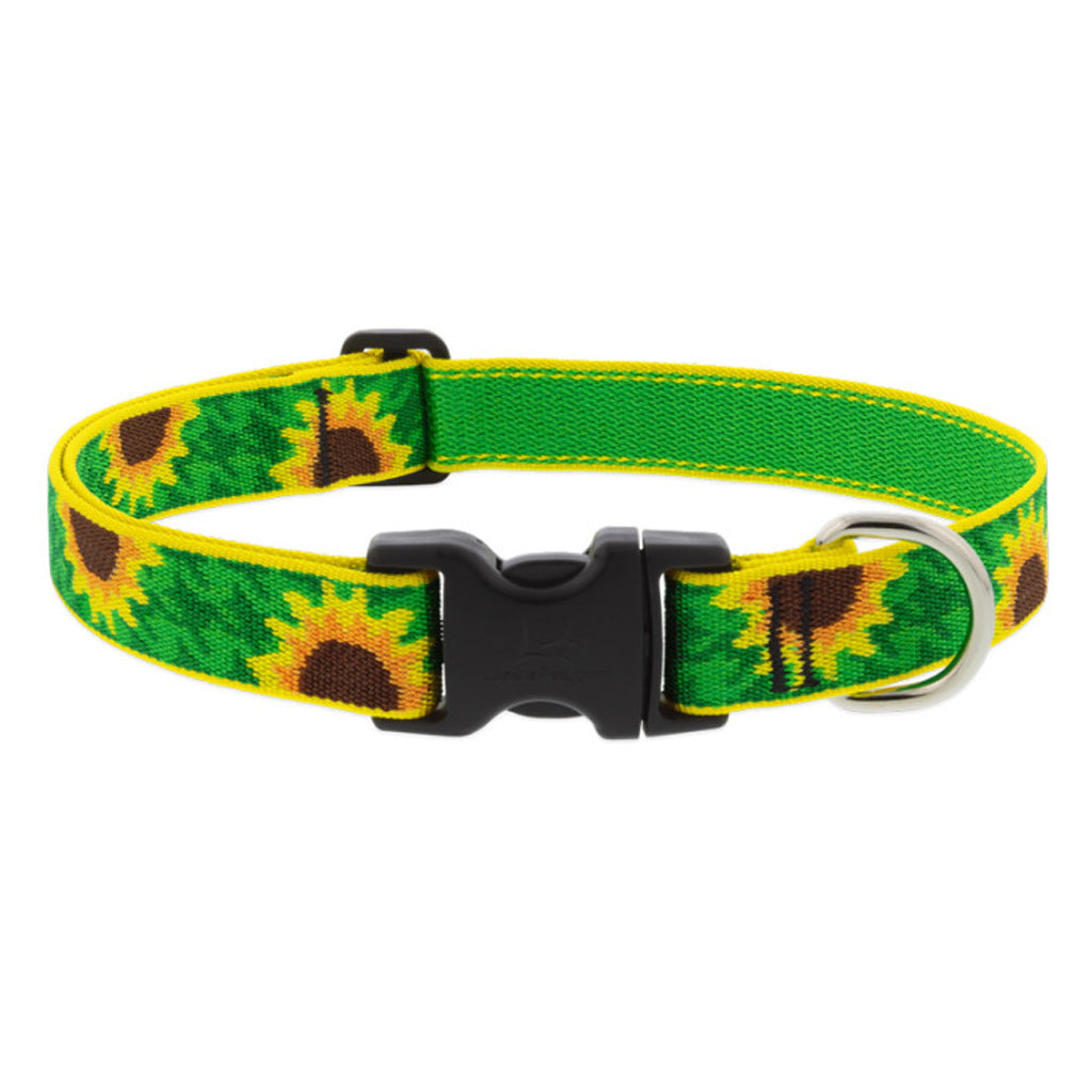 Lupine Pet Sunflowers dog collar with a green and yellow sunflower pattern, black buckle, and metal D-ring.