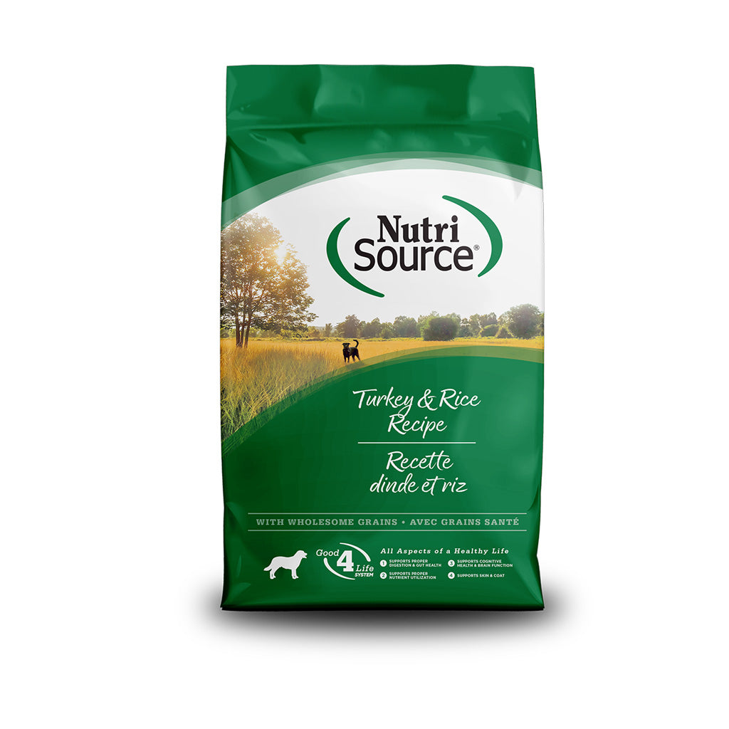Front of green and white NutriSource Turkey and Rice Recipe dry dog food bag with English and French labeling
