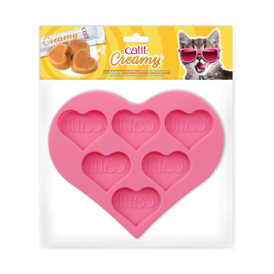 Packaged pink Catit Creamy heart-shaped silicone ice tray with six heart-shaped cavities for making frozen cat treats.