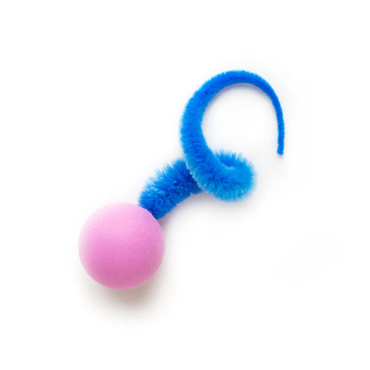Dezi & Roo Wiggly Pong cat toy with a pink ball and curled blue fuzzy tail.