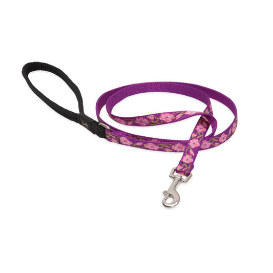 Lupine Pet Rose Garden leash with pink flowers on purple nylon, a black padded handle, and a silver swivel snap.