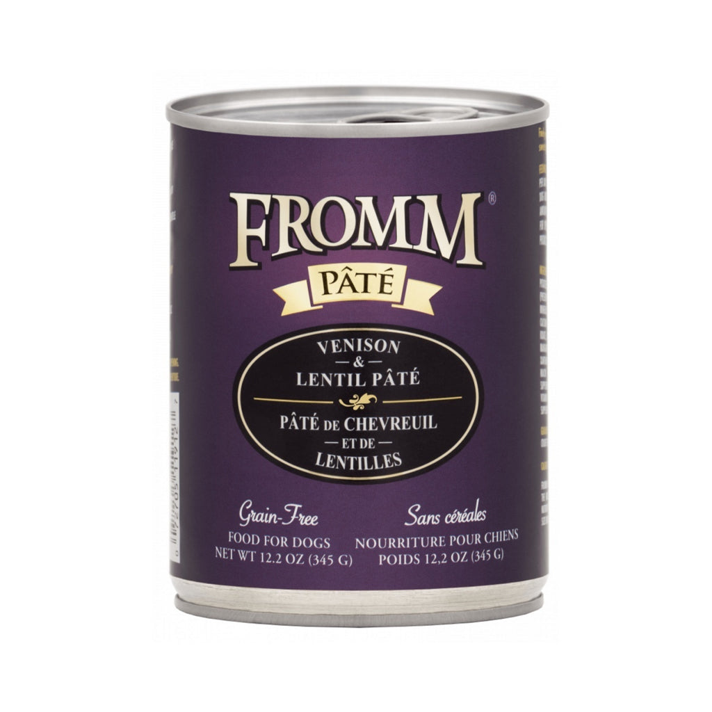 12.2 oz can of Fromm Venison & Lentil Pâté grain-free wet dog food with a purple label